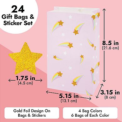 Rainbow Birthday Party Favor Gift Bags With Gold Foil Stickers (8.5 In, 24 Pack)