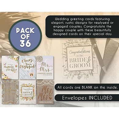 36 Pack Engagement And Wedding Cards For Couples With Envelopes, 6 Designs, 5x7"