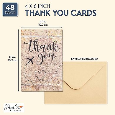48 Pack Travel Thank You Cards With Envelopes, 4x6 Notecards With Airplane, Map