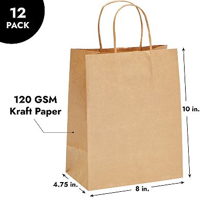 12 Pack Brown Paper Bags With Handles For Party Favors, Small Business, 8x10 In