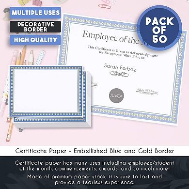 50pcs Blank Certificate Award Blue Border Paper - Printer Fit, 8.5 X 11 Inches