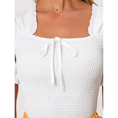 Women's Smocked Blouse Square Neck Short Sleeve Ruffle Shirred Casual Summer Tops