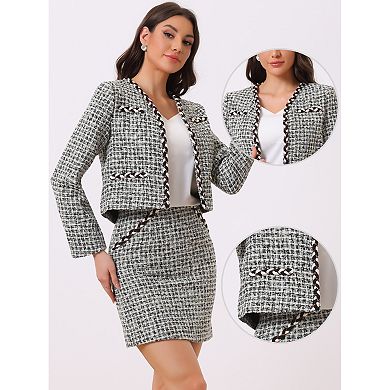 Plaid Tweed Outfits For Women's Open Front Short Blazer Jacket And Skirt Sets