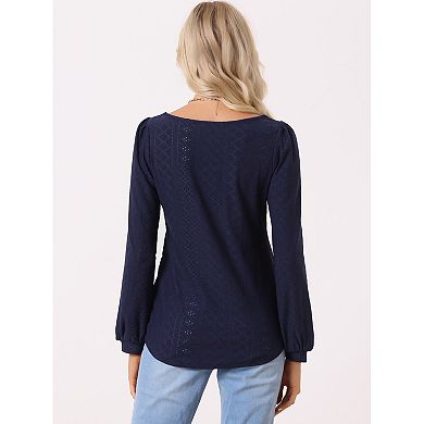 Women's Casual Jacquard Hollow Out Shirt Square Collar Long Sleeve Pullover Tops
