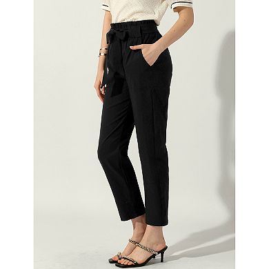 Women's Paper Bag Pants High Waist With Pockets Tie Casual Office Cropped Trousers