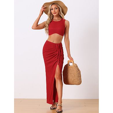 Women's Casual Skirt Set 2 Pcs Outfit Beach Sleeveless Tank Top Tie Front Split Skirt