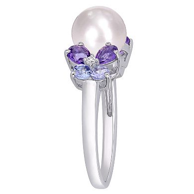 Stella Grace Sterling Silver Diamond Accent, Tanzanite, Amethyst & Freshwater Cultured Pearl Earrings & Ring Set