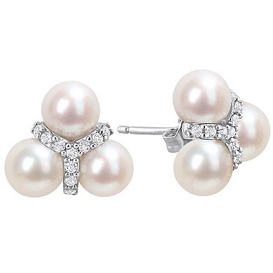 Stella Grace Sterling Silver White Topaz & Freshwater Cultured Pearl Floral Stud Earrings