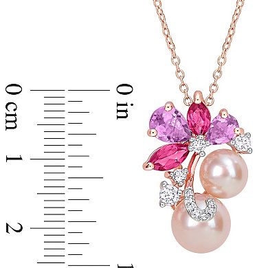 Stella Grace 18k Rose Gold Over Silver Multi-Gemstone & Pink Freshwater Cultured Pearl Cluster Pendant Necklace