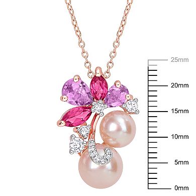 Stella Grace 18k Rose Gold Over Silver Multi-Gemstone & Pink Freshwater Cultured Pearl Cluster Pendant Necklace