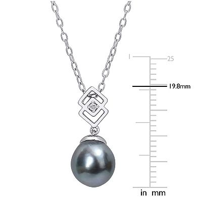 Stella Grace Sterling Silver White Topaz & Black Tahitian Cultured Pearl Lozenge Drop Pendant Necklace