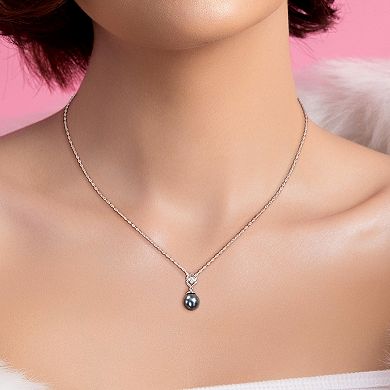 Stella Grace Sterling Silver White Topaz & Black Tahitian Cultured Pearl Lozenge Drop Pendant Necklace