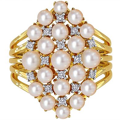 Stella Grace 18k Gold Over Silver 1/5 Carat T.W. Diamond & Freshwater Cultured Pearl Cluster Ring