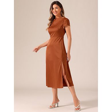 Women's Satin Dress Cowl Neck Cap Sleeve Backless Twist Split Midi Cocktail Dress