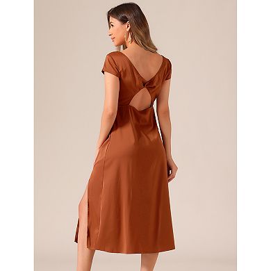 Women's Satin Dress Cowl Neck Cap Sleeve Backless Twist Split Midi Cocktail Dress