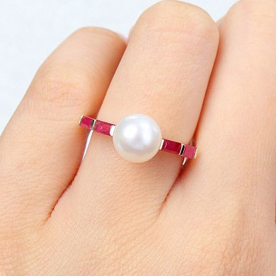 Stella Grace 10k Gold Freshwater Cultured Pearl & Ruby Stackable Ring