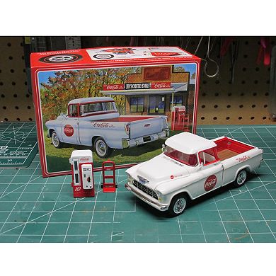 Round 2 AMT: 1955 Chevy Cameo Pickup Coca-Cola Authentic Vehicle Building Kit, Includes Vending Machine & Dolly