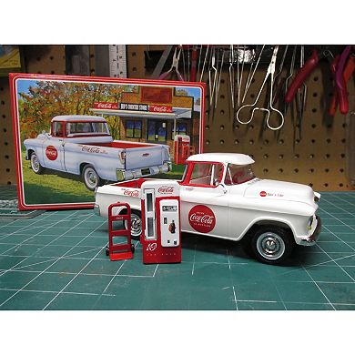 Round 2 AMT: 1955 Chevy Cameo Pickup Coca-Cola Authentic Vehicle Building Kit, Includes Vending Machine & Dolly