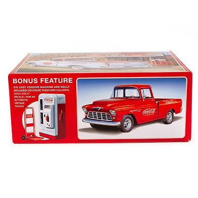 Round 2 AMT: 1955 Chevy Cameo Pickup Coca-Cola Authentic Vehicle Building Kit, Includes Vending Machine & Dolly