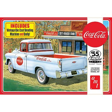 Round 2 AMT: 1955 Chevy Cameo Pickup Coca-Cola Authentic Vehicle Building Kit, Includes Vending Machine & Dolly