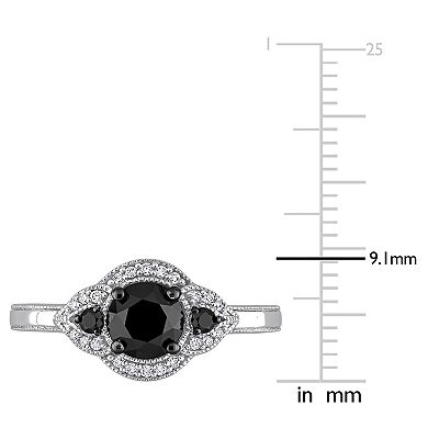 Stella Grace 14k White Gold 1 1/7 Carat T.W. Black & White Diamond 3-Stone Halo Engagement Ring