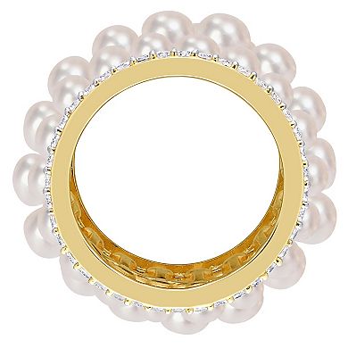 Stella Grace 18k Gold Over Silver Freshwater Cultured Pearl & Lab-Created White Sapphire 3-Row Ring