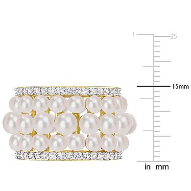 Stella Grace 18k Gold Over Silver Freshwater Cultured Pearl & Lab-Created White Sapphire 3-Row Ring