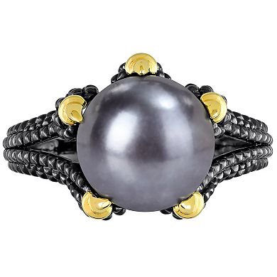 Stella Grace Men's 18k Gold Over Silver Dyed Black Freshwater Cultured Pearl Ring