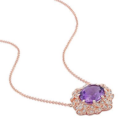 Stella Grace 14k Rose Gold Amethyst & 1/5 Carat T.W. Diamond Floral Vintage Frame Pendant Necklace