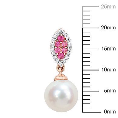 Stella Grace 14k Rose Gold Freshwater Cultured Pearl, Pink Sapphire & 1/7 Carat T.W. Diamond Halo Drop Earrings