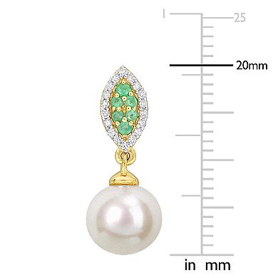 Stella Grace 14k Gold Freshwater Cultured Pearl, Emerald & 1/7 Carat T.W. Diamond Halo Drop Earrings