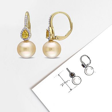 Stella Grace 14k Gold South Sea Cultured Pearl, Yellow Sapphire & 1/8 Carat T.W. Diamond Drop Leverback Earrings