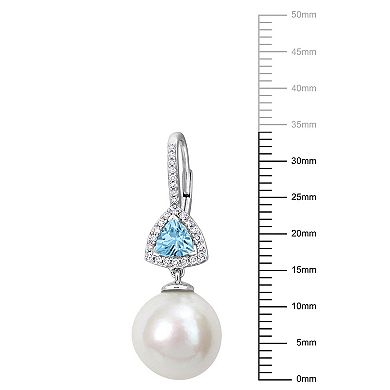 Stella Grace 14k White Gold Freshwater Cultured Pearl, Sky Blue Topaz & 1/4 Carat T.W. Diamond Drop Leverback Earrings