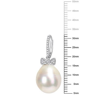 Stella Grace 14k White Gold South Sea Cultured Pearl & 1/10 Carat T.W. Diamond Bow Leverback Earrings