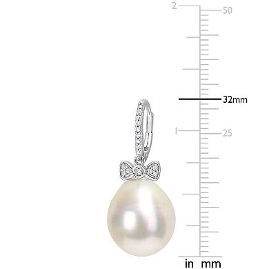 Stella Grace 14k White Gold South Sea Cultured Pearl & 1/10 Carat T.W. Diamond Bow Leverback Earrings