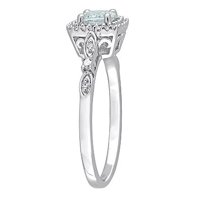Stella Grace Sterling Silver Aquamarine & 1/10 Carat T.W. Diamond Square Halo Ring