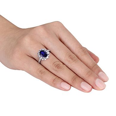 Stella Grace Sterling Silver Lab-Created Blue & White Sapphire, Diamond Accent Halo Ring