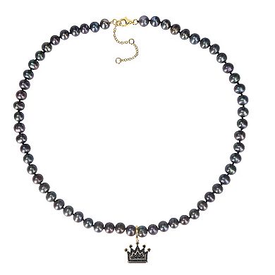 Stella Grace Men's Dyed Black Freshwater Culltured Pearl Necklace with 18k Gold Over Silver Black Diamond Crown Charm