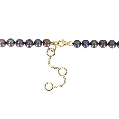 Stella Grace Men's Dyed Black Freshwater Culltured Pearl Necklace with 18k Gold Over Silver Black Diamond Crown Charm