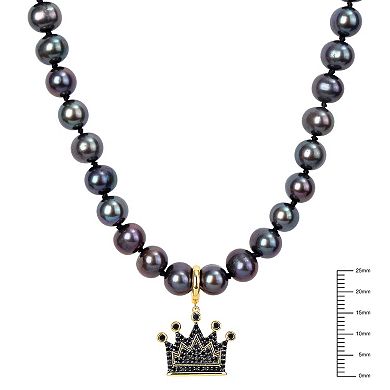 Stella Grace Men's Dyed Black Freshwater Culltured Pearl Necklace with 18k Gold Over Silver Black Diamond Crown Charm