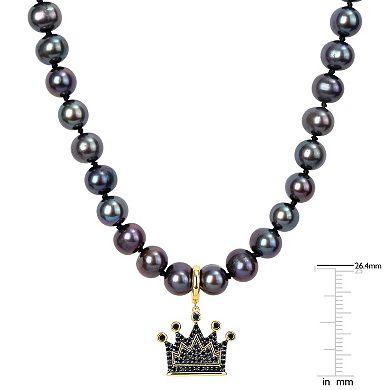 Stella Grace Men's Dyed Black Freshwater Culltured Pearl Necklace with 18k Gold Over Silver Black Diamond Crown Charm