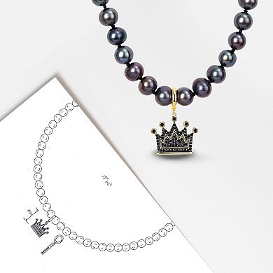 Stella Grace Men's Dyed Black Freshwater Culltured Pearl Necklace with 18k Gold Over Silver Black Diamond Crown Charm