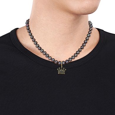 Stella Grace Men's Dyed Black Freshwater Culltured Pearl Necklace with 18k Gold Over Silver Black Diamond Crown Charm