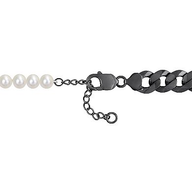 Stella Grace Men's Freshwater Cultured Pearl & Sterling Silver Black Ruthenium Plating Curb Link Chain Necklace