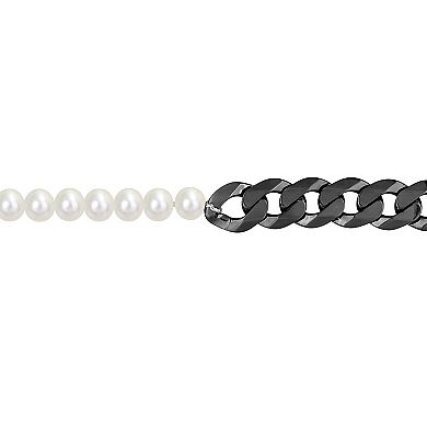 Stella Grace Men's Freshwater Cultured Pearl & Sterling Silver Black Ruthenium Plating Curb Link Chain Necklace
