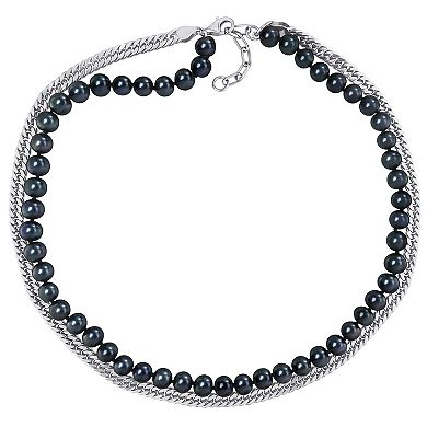 Stella Grace Men's Black Freshwater Cultured Pearl & Silver Ruthenium Curb Link Chain 2-Strand Necklace