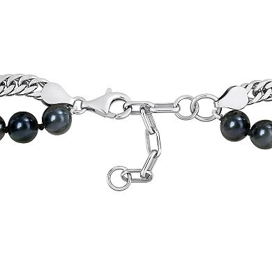 Stella Grace Men's Black Freshwater Cultured Pearl & Silver Ruthenium Curb Link Chain 2-Strand Necklace