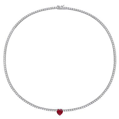 Stella Grace Sterling Silver Heart Shapd Lab-Created Ruby & Lab-Created White Sapphire Tennis Necklace