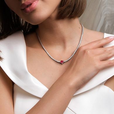 Stella Grace Sterling Silver Heart Shapd Lab-Created Ruby & Lab-Created White Sapphire Tennis Necklace