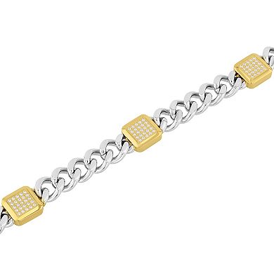 Steel Nation Men's Two Tone Stainless Steel Beveled Cubic Zirconia Cuban Curb Link Chain Bracelet